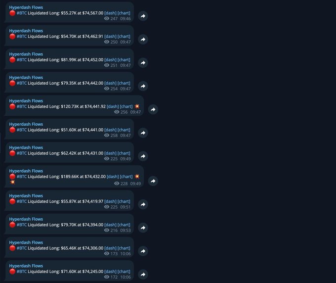 A list of Hyperdash Flows notifications showing multiple BTC liquidations of long positions, with amounts ranging from $51.60K to $189.66K at prices around $74,400, all marked with '[dash]'.