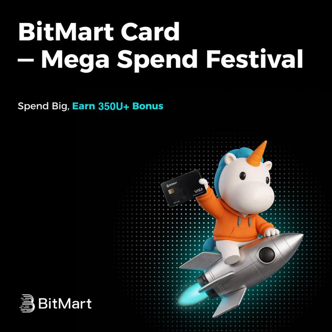The image is a promotional graphic for the "BitMart Card — Mega Spend Festival," featuring a unicorn mascot in an orange hoodie riding a rocket while holding a BitMart Visa card against a black background with teal accents. The headline reads "Spend Big, Earn 350U+ Bonus," directly highlighting the campaign's reward tier mentioned in the post, while the rocket imagery visually reinforces the post's message about keeping rewards soaring beyond events like Amazon Prime Day.
