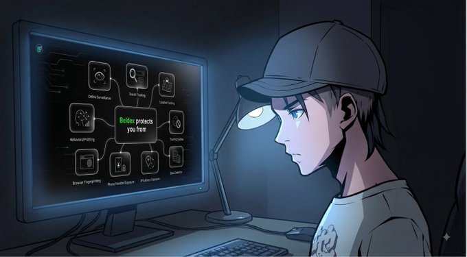 A young person wearing a cap sits at a desk under a lamp, intently looking at a monitor displaying a diagram centered on "Beldex protects you from" with interconnected privacy features (BChat, BelNet, Content Policy, Behavioral Profiling, Phone Number Exposure, Address Exposure, Spam Detection, and Spam Filtering).

The image visually reinforces the post's message by illustrating Beldex's all-in-one privacy approach, showing how multiple protection features (BChat, BelNet, Beldex Browser, and BNS) branch from a single platform to deliver comprehensive privacy across messaging, browsing, and identity.