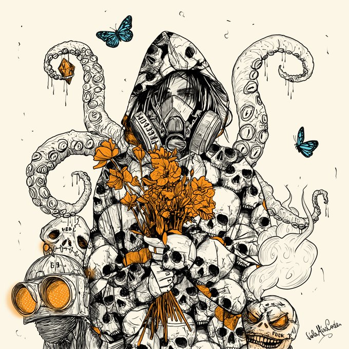 A detailed black-and-white illustration with orange accents depicting a hooded figure in a gas mask holding a bouquet of flowers, surrounded by tentacles, skulls, blue butterflies, and a gas-mask-wearing figure with 'FUCK' written on it.