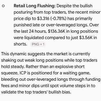 A market analysis text discusses retail long flushing in ICP, noting a price dip to $3.316 (-0.78%) with $136.36K in longs versus $3.56K in shorts over the last 24 hours.