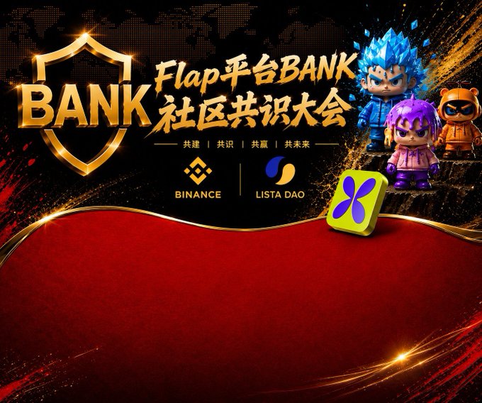 A promotional graphic for the 'Flap Platform BANK Community Consensus Conference' featuring Binance and Lista DAO logos alongside cartoon mascot characters, with Chinese text reading '共建 | 共识 | 共赢 | 共未来' (Build Together | Consensus | Win-Win | Shared Future).