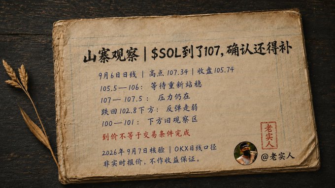 A vintage-styled note in Chinese titled "山寨观察" (Shanzhai Observation) analyzing $SOL price movement, noting a high of 107.34 and predicting a retest of support at 100-101 before further price action.