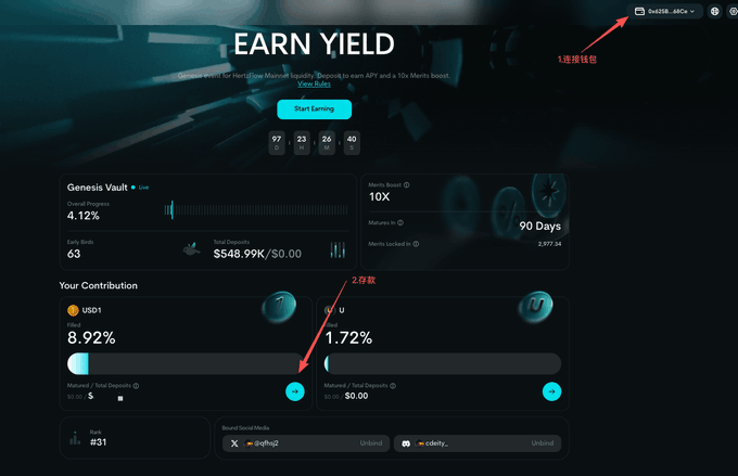 The image shows the "Earn Yield" interface of HertzFlow's Genesis Vault on BNB Chain, displaying an overall progress of 4.12%, $548.99K/$0.00 in fair deals, 90-day maturities, and deposit options for USD1 (8.92% APY) and U (1.72% APY), with the connection wallet button highlighted in the top right corner.