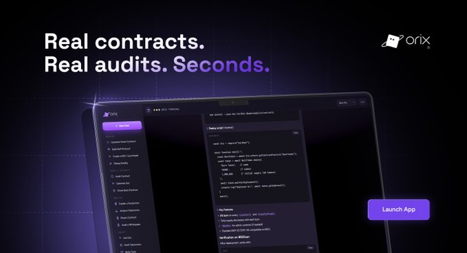 A promotional image for Orix displays the tagline "Real contracts. Real audits. Seconds." alongside a dark-themed app interface showing a code editor with smart contract code, and a purple "Launch App" button on the right. The interface visually demonstrates the post's claim of AI-generated smart contracts, showing Orix mid-process as it writes code and lists features from a user prompt.