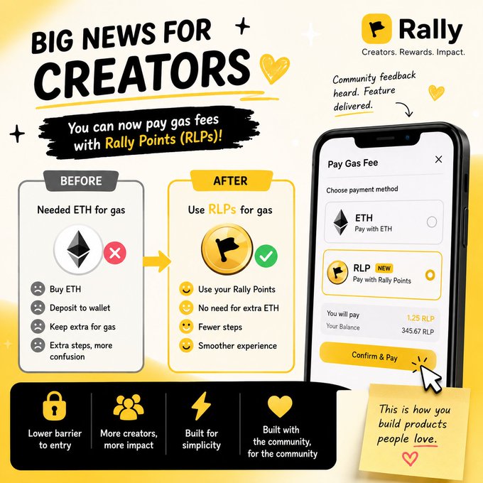 The image features an advertisement for a new app called @RallyOnChain that allows creators to pay gas fees using ether instead of ether tokens. The app has been designed with simplicity and ease-of-use in mind, as indicated by the text "Focus on what is in the image and how it relates to the post". This means that the creator should focus on understanding the features and benefits of the app before deciding whether or not to use it for their needs. The app's main selling point is its ability to pay gas fees using ether, which can be a more convenient option compared to ether tokens.