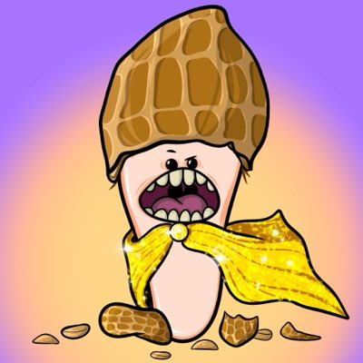 A cartoon peanut character wearing a glittering yellow cape, with cracked shell pieces scattered on the ground around it against a purple-to-orange gradient background.