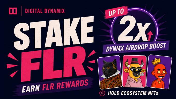 A promotional graphic with text reading 'DIGITAL DYNAMIX', 'STAKE FLR', 'EARN FLR REWARDS', 'UP TO 2x DYNMX AIRDROP BOOST', and 'HOLD ECOSYSTEM NFTs', alongside cartoon character NFTs.