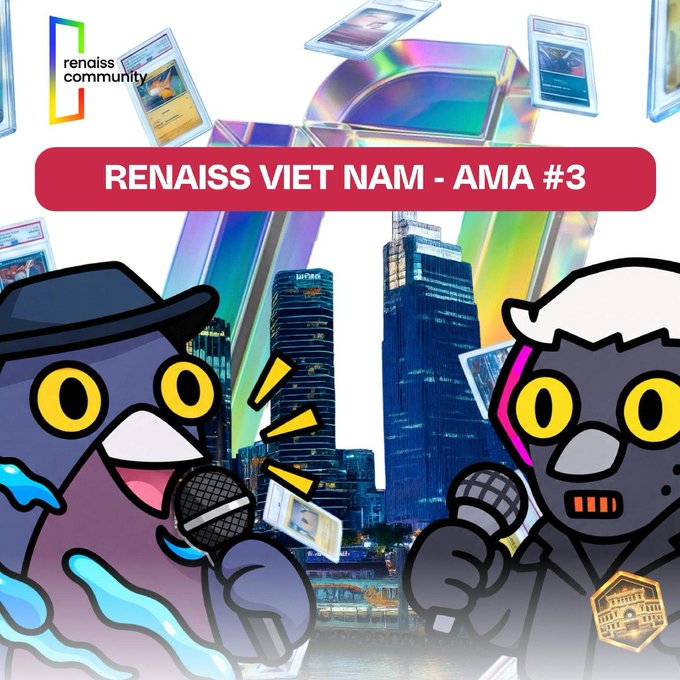 A promotional graphic for 'RENAISS VIET NAM - AMA #3' by 'renaiss community' featuring cartoon characters with microphones in front of a cityscape.