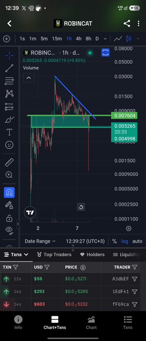 A TradingView-style crypto chart for $ROBINCAT on a 1-hour timeframe shows the token trading at $0.007604 (up 49.85%) after a sharp recovery from a dip below $0.005000, visually supporting the post's claim of a bullish reversal toward a $300M market cap.