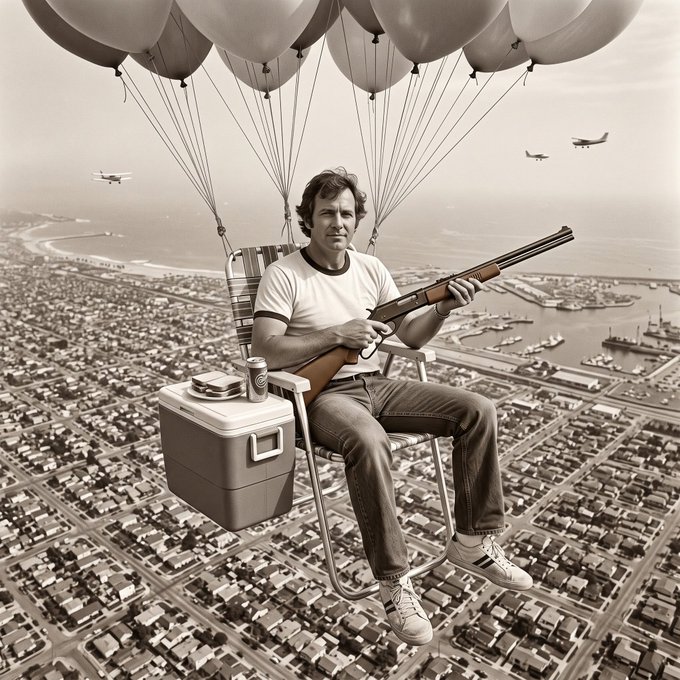 A man sits in a folding chair suspended by balloons high above a coastal city, holding a shotgun with a cooler nearby.
