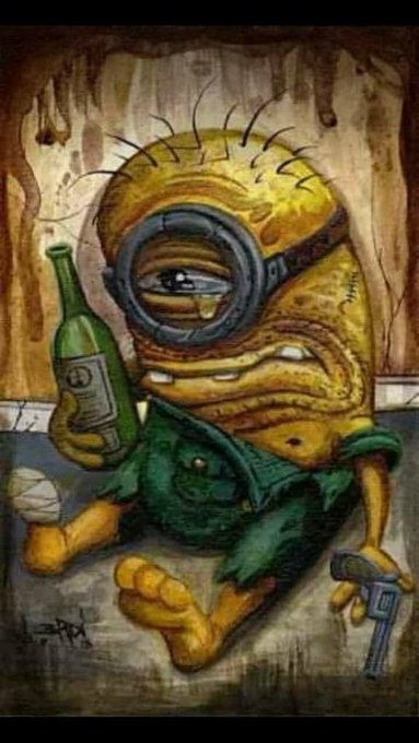 Artwork depicting a yellow Minion-like character with one large eye wearing a gas mask, holding a bottle and a gun, with signature 'PRAX' visible.