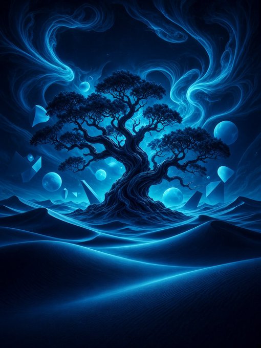 A surreal digital artwork depicts a glowing blue tree standing in a desert landscape, surrounded by floating spheres and geometric shapes under a swirling night sky.
