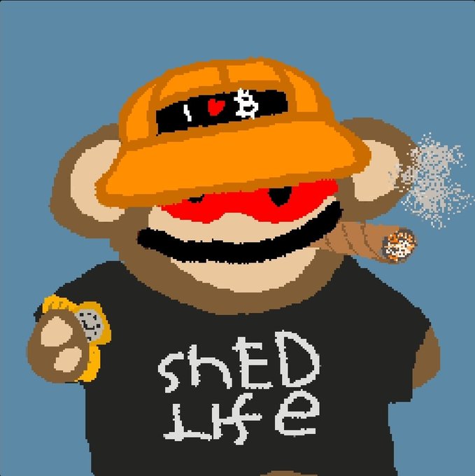 A pixel art illustration of a bear-like character wearing an orange hat with an 'I ❤️ B' logo, smoking a cigar, and holding a watch, dressed in a black 'Shed Life' t-shirt.