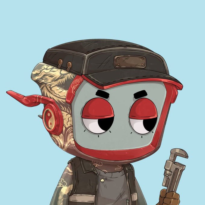 A cartoonish character wearing a worn cap and a helmet-like face mask with large red eyes holds a pipe wrench, dressed in overalls against a plain blue background.