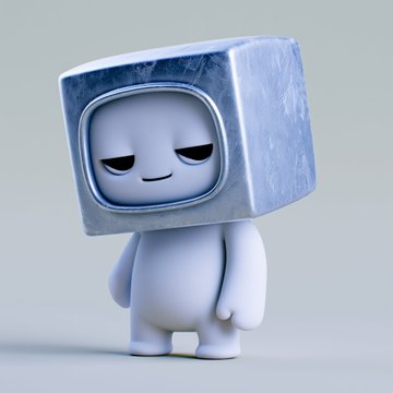 3D render of a small white cartoon character with a cuboid metal head and a sleepy expression on a gray background.
