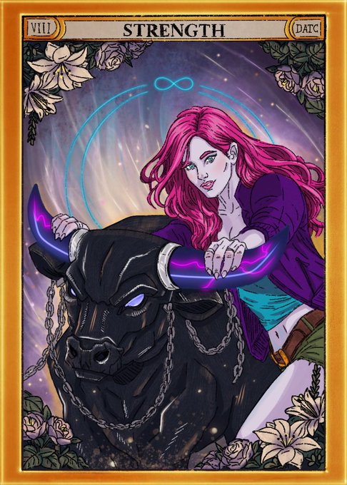 A tarot card labeled 'STRENGTH' (VIII) featuring a red-haired woman petting a chained, horned black creature with glowing purple energy accents.