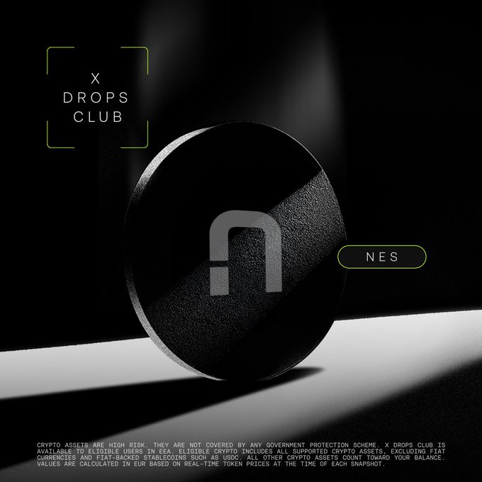 A sleek black coin marked with an "A" logo and labeled "NES" is featured alongside the "X DROPS CLUB" logo, with a disclaimer noting that crypto assets are high risk and not covered by government protection schemes—visually representing the $NES token rewards mentioned in the post about OKX's dual-earning opportunities for long-term investors and day traders.
