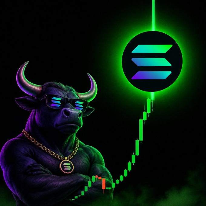 A muscular bull wearing sunglasses and a Solana logo medallion stands confidently next to a glowing green Solana (SOL) emblem and an ascending green candlestick chart, symbolizing a bullish market momentum. The image visually reinforces the post's message of a "massive week for Solana" by depicting upward price action and strength.