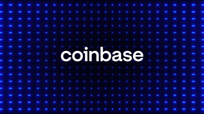 The Coinbase logo displayed in white text on a dark blue dotted background.