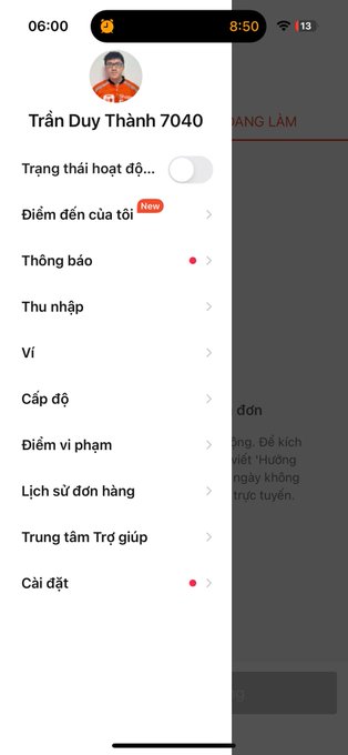 A screenshot of a Vietnamese mobile app menu for "Trần Duy Thành 7040" displaying options like status, notifications, earnings, and settings.