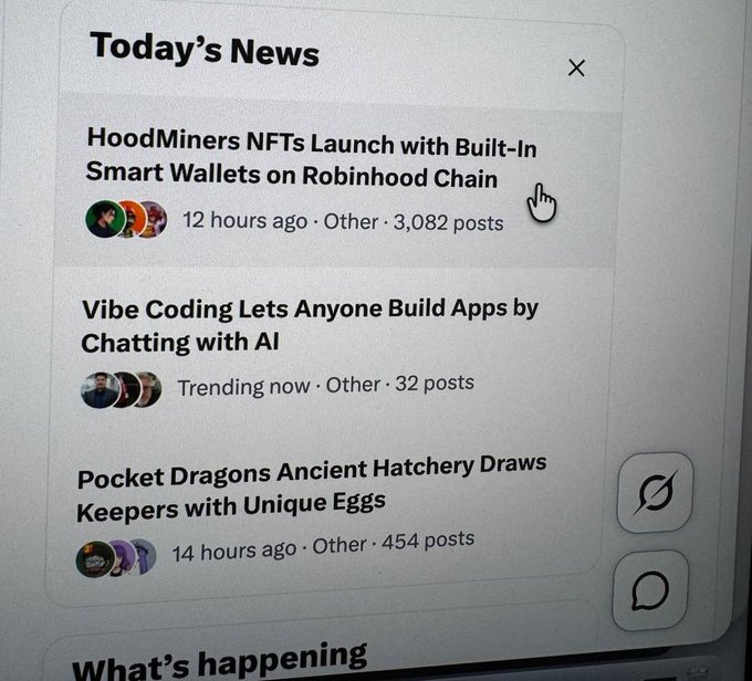 A screen capture shows a 'Today's News' feed featuring headlines including 'HoodMiners NFTs Launch with Built-In Smart Wallets on Robinhood Chain,' 'Vibe Coding Lets Anyone Build Apps by Chatting with AI,' and 'Pocket Dragons Ancient Hatchery Draws Keepers with Unique Eggs.'