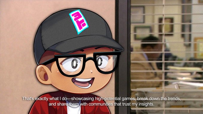 A cartoon avatar of a man wearing a black cap and glasses speaks with a caption reading, "That's exactly what I do—showcasing high-potential games, break down the trends, and share them with communities that trust my insights."