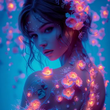 A digital fantasy portrait of a woman with glowing pink flowers and snowflakes on her skin and in her hair against a blue background.