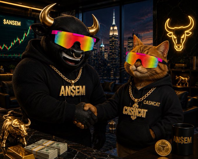 A bull wearing rainbow sunglasses and a "ANSEM" hoodie shakes hands with a cat in matching shades and a "CASHCAT" hoodie, both sporting gold chains in a luxurious high-rise setting with a city skyline and bull-themed décor. The image visually embodies the post's "GM Bulls and Cats" greeting and celebrates the $ANSEM and $CASHCAT tokens, with a green candlestick chart reflecting the bullish "won forever" sentiment.
