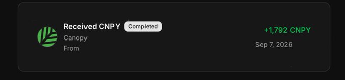 A dark-themed digital receipt or transaction notification showing a completed payment of +1,792 CNPY received from "Canopy" on Sep 7, 2026.