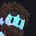 A small pixel art character with brown hair and a beard glowing with blue energy against a black background.