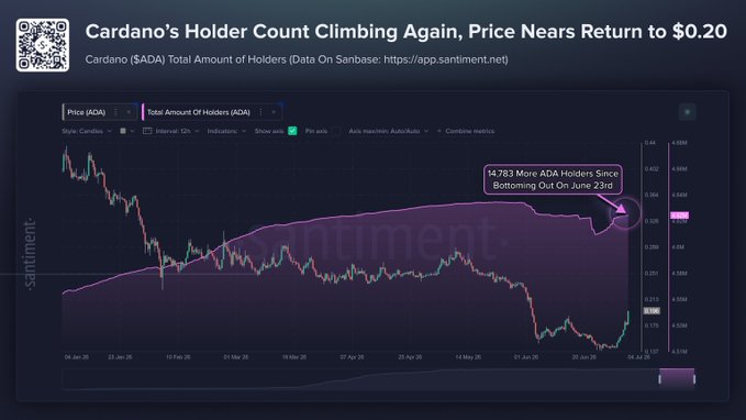 A chart from Santiment shows Cardano's (ADA) holder count climbing as the price approaches $0.20, with an annotation noting that 14,783 more ADA holders have joined since bottoming out on June 23rd, visually reinforcing the post's claim that bullish on-chain activity is returning to the Cardano ecosystem.