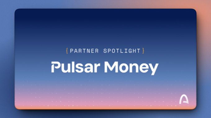 A dark blue gradient graphic features the text "{PARTNER SPOTLIGHT}" above the brand name "Pulsar Money" in large white lettering, with an Arc logo in the bottom right corner. The image serves as a partner spotlight card highlighting Pulsar Money's role in Arc's ecosystem, visually reinforcing the post's message about Pulsar Money as a consumer app bridging web3 and web2.