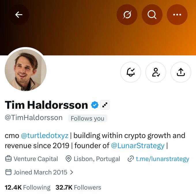 A Twitter/X profile page for 'Tim Haldorsson' (@TimHaldorsson), CMO of @turtledotxyz and founder of @LunarStrategy, located in Lisbon, Portugal, with 32.7K followers.