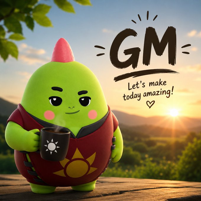 A green cartoon mascot with a red mohawk holding a coffee mug featuring a sun logo, accompanied by the text 'GM' and 'Let's make today amazing!' against a sunset landscape.