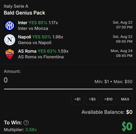 A Limitless betting interface displays an "Italy Serie A Bald Genius Pack" featuring three YES predictions: Inter vs Monza (85%, 1.17x) on Sat Aug 22 at 7:30 PM, Napoli vs Genoa (50%, 1.98x) on Sat Aug 22 at 9:45 PM, and AS Roma vs Fiorentina (63%, 1.59x) on Mon Aug 24 at 9:45 PM, with a 3.56x multiplier and $0 available balance. The image illustrates the post's point about the expanding range of matches available for betting on Limitless, specifically showcasing Serie A fixtures as European football leagues get underway alongside the Premier League.
