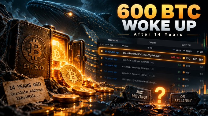 A graphic about cryptocurrency titled '600 BTC WOKE UP After 14 Years', showing Bitcoin imagery with a list of transactions and text questioning 'JUST MOVING?' or 'OR SELLING?'.