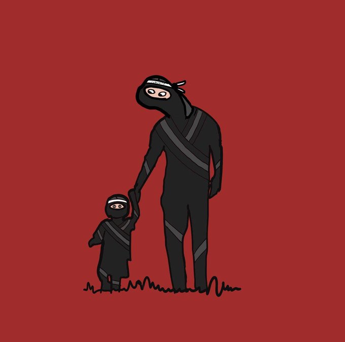 An illustration on a dark red background showing two ninja-like figures in black outfits with headbands and masks, with a tall adult holding the hand of a small child.