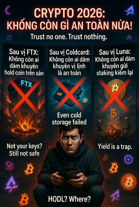 A meme-style poster titled 'CRYPTO 2026: KHÔNG CÒN GÌ AN TOÀN NỮA!' featuring a crying man with a phone, and three crossed-out boxes warning about FTX, Coldcard, and Luna staking.