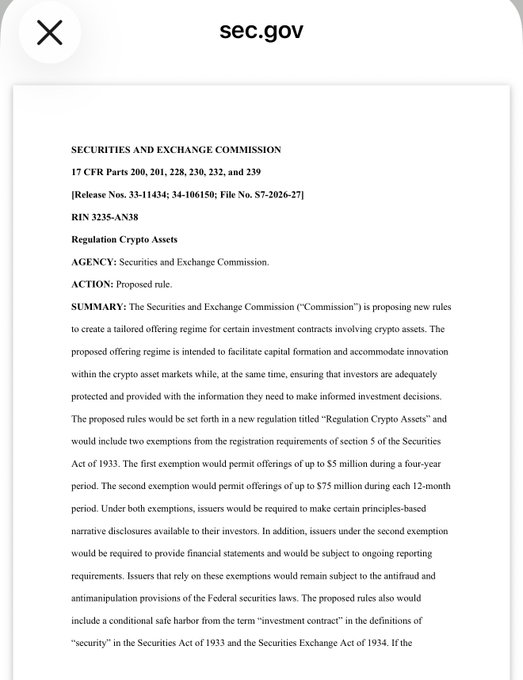 A screenshot of an SEC.gov document titled 'Regulation Crypto Assets' (Release Nos. 33-11234; 34-99650), detailing proposed rules for investment contracts involving crypto assets.