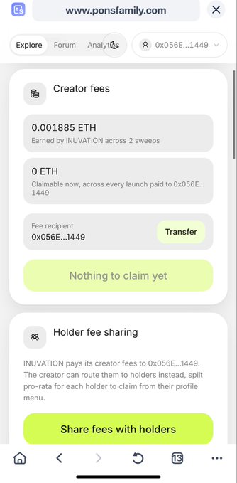 A screenshot from ponsfamily.com showing Creator fees of 0.001885 ETH earned by INUVATION for wallet 0x056E...1449.