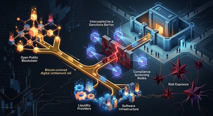 A digital infographic illustrating blockchain concepts with labels including 'Open Public Blockchain,' 'Intercepted by a Sanctions Barrier,' 'Compliance Screening Nodes,' 'Risk Exposure,' 'Bitcoin-colored digital settlement rail,' 'Liquidity Providers,' and 'Software Infrastructure.'