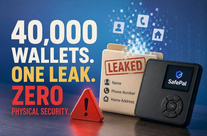 Advertisement for SafePal hardware wallet with text '40,000 WALLETS. ONE LEAK. ZERO PHYSICAL SECURITY.' showing a leaked folder with personal information icons and a SafePal device.