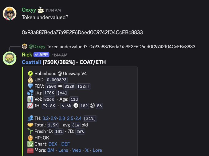 A Discord conversation where user 'Oxxyy' asks 'Token undervalued?' with a contract address, and a bot named 'Rick' responds with detailed metrics for 'Coattail [750K/382%] - COAT/ETH', showing FDV, liquidity, volume, and transaction data.