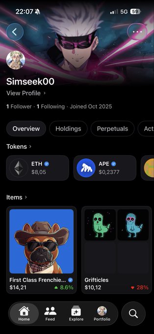 A mobile app profile screen for user 'Simseek00' showing token holdings including ETH ($8.05) and APE ($0.2377), along with NFT items 'First Class Frenchie' and 'Grifticles'.