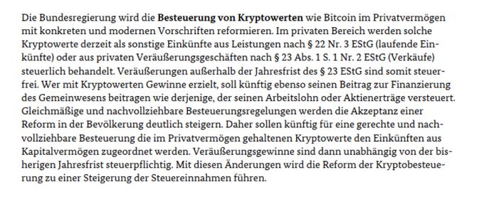 A German-language text about the German federal government reforming cryptocurrency taxation (Bitcoin) under the Einkommensteuergesetz (EStG), addressing capital gains tax rules for crypto assets.