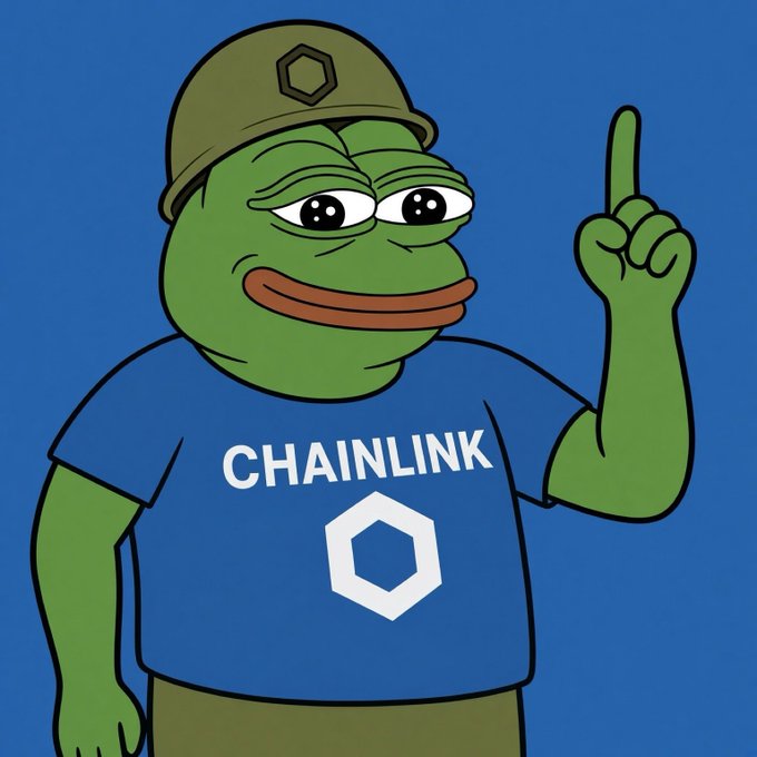 A cartoon Pepe the Frog character wearing a green cap and a blue shirt with 'CHAINLINK' and the Chainlink logo, pointing upward.