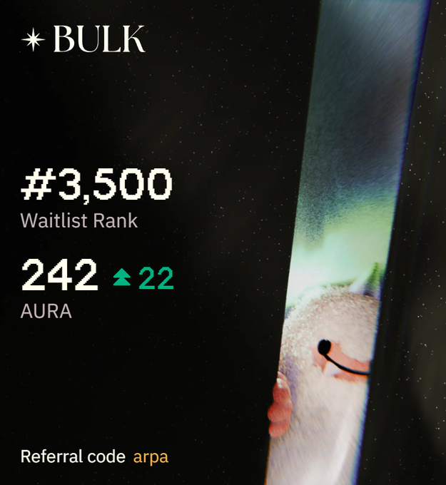 The image displays a Bulk trade campaign dashboard showing a waitlist rank of #3,500 and AURA points totaling 242 with a green upward arrow indicating a gain of 22 points this week, alongside a referral code "arpa." The text on the left side reinforces the post's message about Week 12 progress, while the right side features a visually striking photo of a smiling creature peeking through a narrow gap, adding a playful touch to the achievement update.