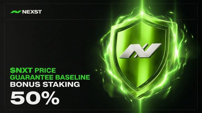 A promotional graphic for Nexst features a glowing green shield with the NEXST logo, advertising a "$NXT PRICE GUARANTEE BASELINE BONUS STAKING 50%" offer to encourage users to stake before the final opportunity ends at pricestake.nexst.io.