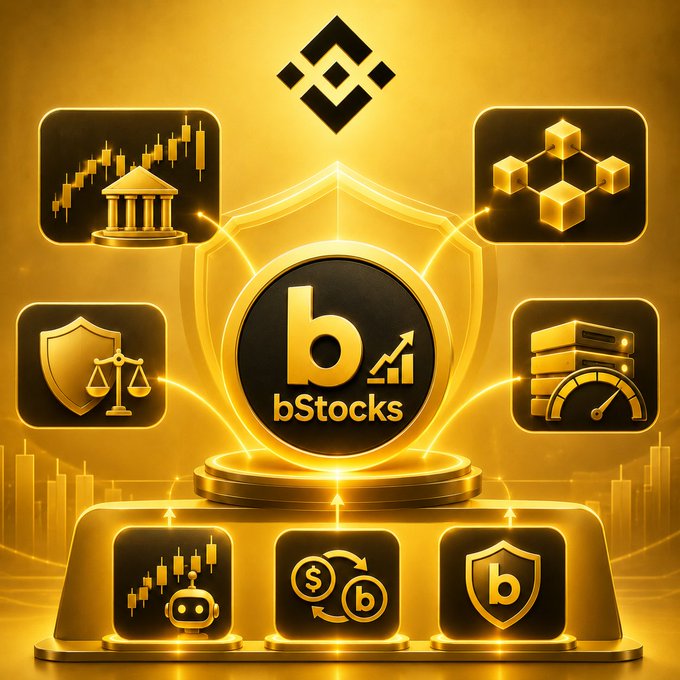 A golden Binance logo sits at the top of an infographic featuring a central "bStocks" emblem surrounded by six icons representing trading, blockchain, regulation, servers, AI bots, and currency exchange, illustrating Binance's new stock token offerings including ASML, Netflix, Super Micro Computer, Astera Labs, Coherent, Credo, IREN, USA Rare Earth, BitMine, and AST SpaceMobile—primarily AI, semiconductor, and infrastructure companies linked to emerging technology sectors.